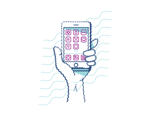 ilustrace rozmazaného pohledu na ruku, která drží mobilní telefon s fialovými ikonami na displeji
